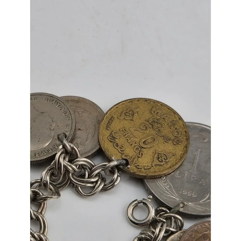 Vintage World Coin Charm Bracelet International Coins Egypt Greece UK 6.75